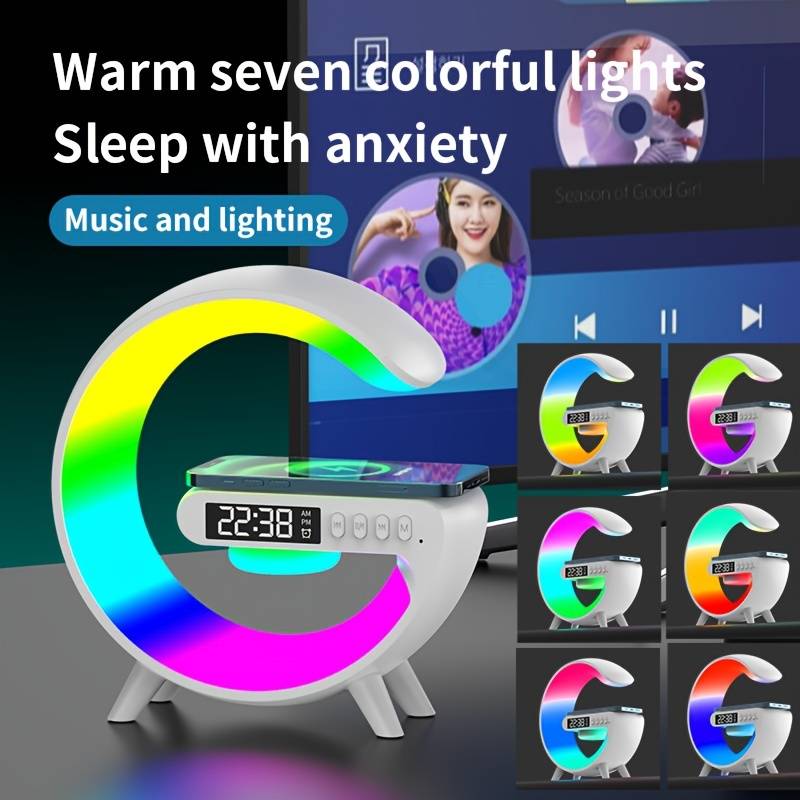 6 Kinds of Lighting Mode, Wireless Speakers, Wireless Charging Function, Table Clock,