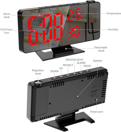 Digitaler Uhr und Wecker für Schlafzimmer, Projektion UHR Zeiger,  mit 180° drehbarem Projektor, Schlummerfunktion, Temperatur- und Feuchtigkeitsanzeige, USB-Ladegerät