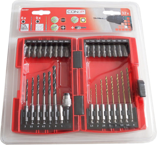 Combination drill and bit set 32 ​​pieces - For wood, concrete, masonry &amp; metal - With magnetic bit holder - In a practical plastic box / drill assortment / bit set / accessories