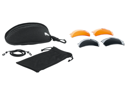 Bicycle sports glasses with interchangeable lenses and carrying bag